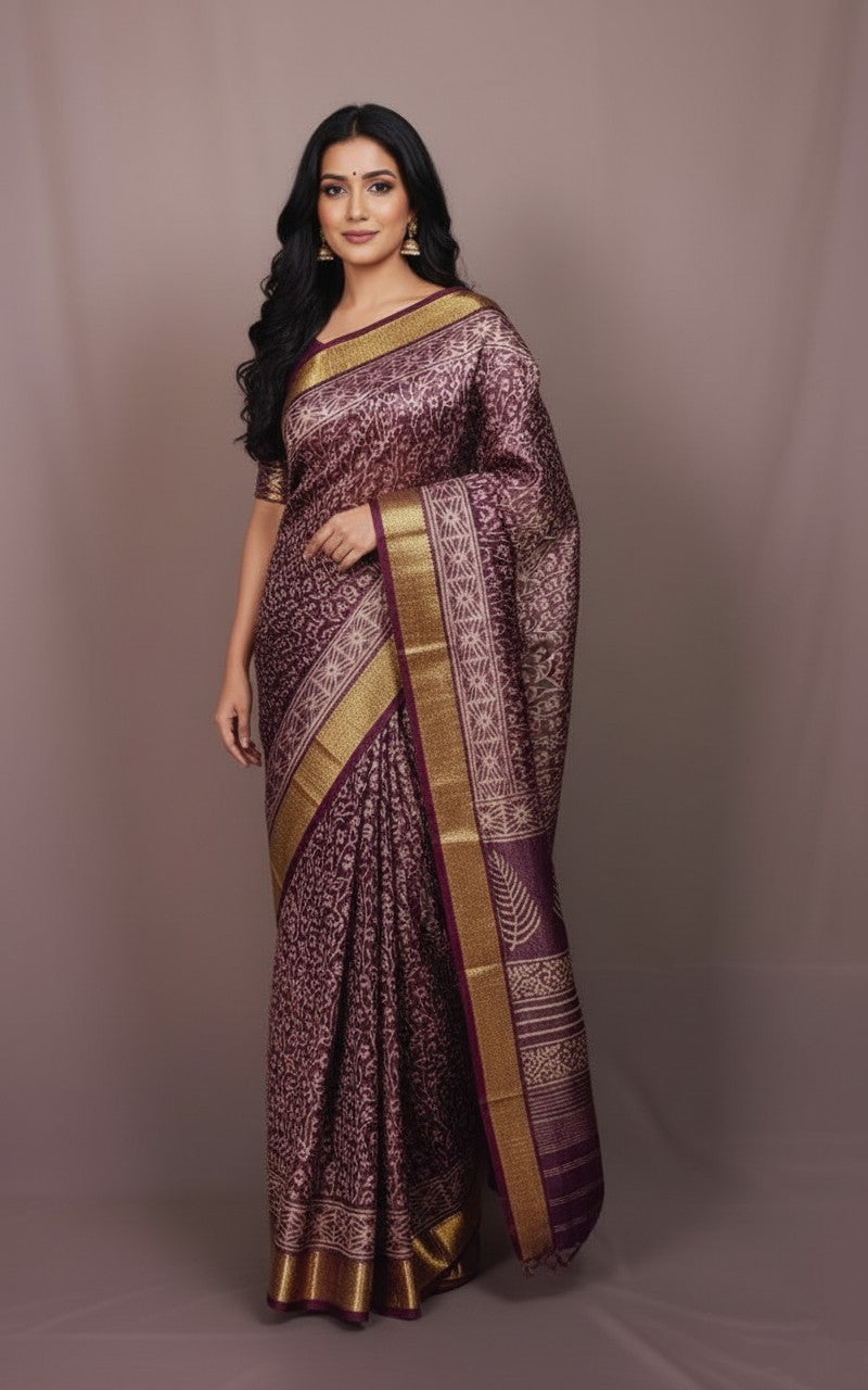 Sutrayan Vanya Vriksha - Handwoven Plum Silk Saree with Intricate Tree Motifs and Antique Zari