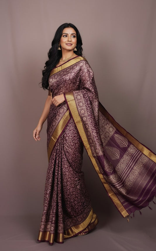 Sutrayan Vanya Vriksha - Handwoven Plum Silk Saree with Intricate Tree Motifs and Antique Zari