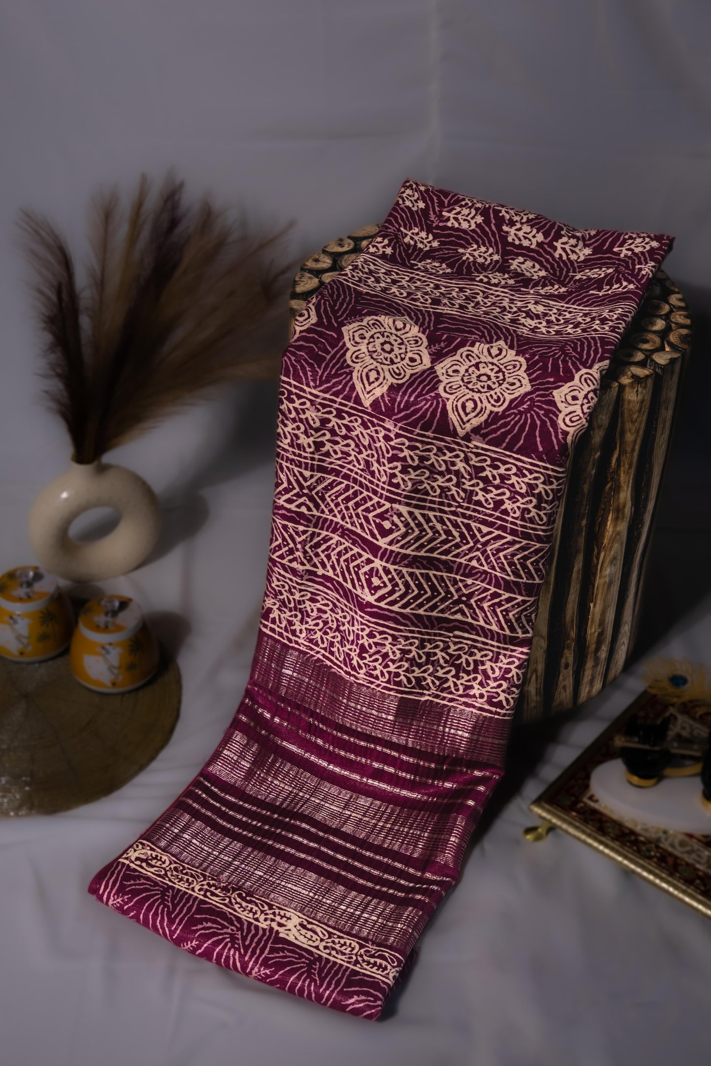 Sutrayan Mohar — Handwoven Mulberry Plum Saree with All-over Cream Flora and Zari Border