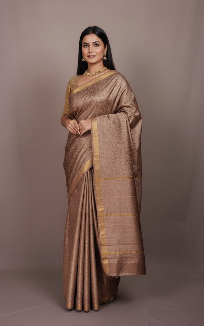 Sutrayan Sunehri Sandhya — Handwoven Bronze Silk Saree with Soft Gold Zari Accents
