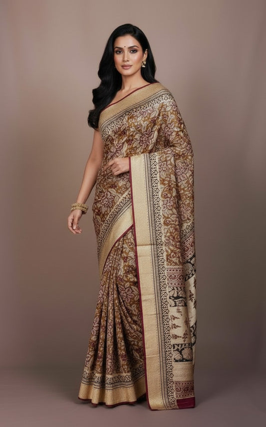Sutrayan Kalpavriksha — Handpainted Beige & Maroon Saree with Traditional Floral Kalamkari Art