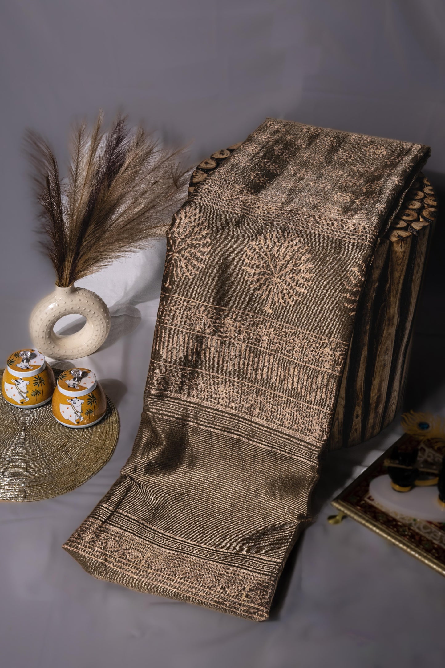 Sutrayan Kanchana - Handwoven Dark Olive Green Tissue Silk Saree with Floral Gold Zari Jaal