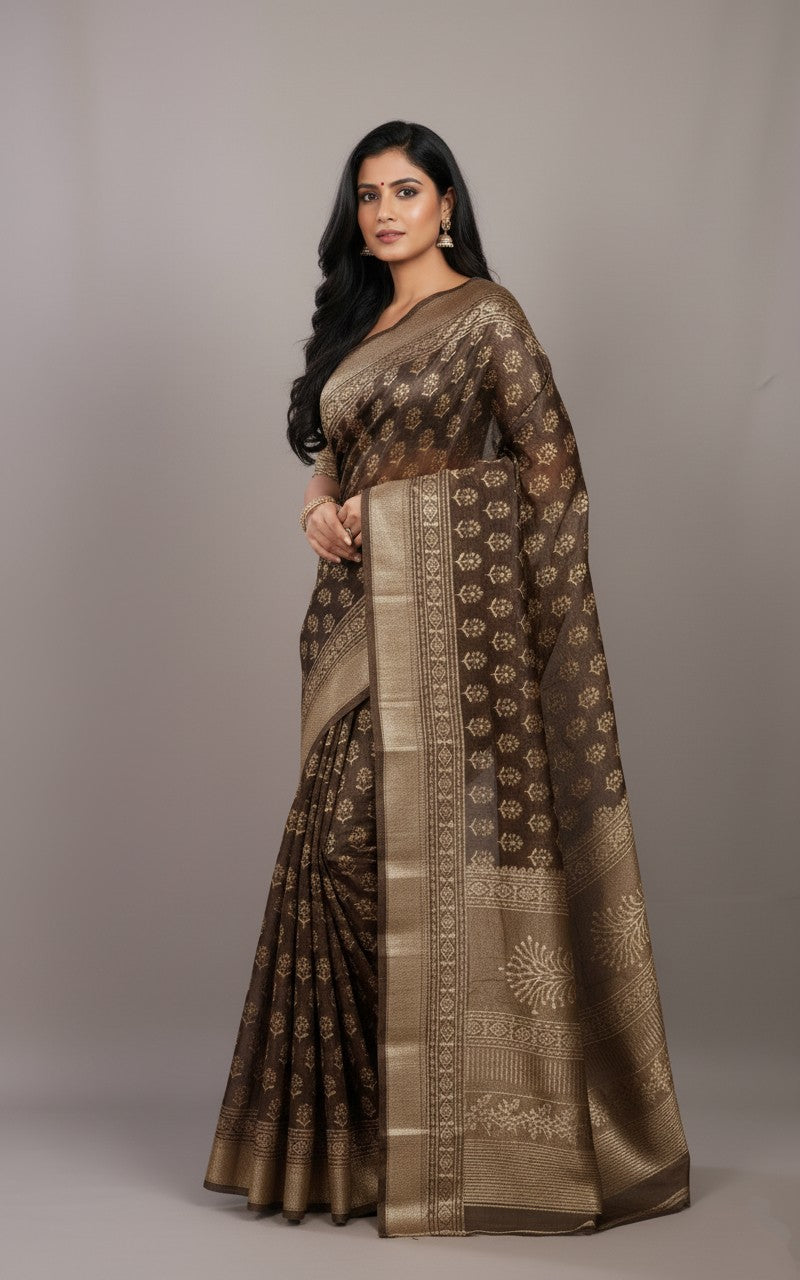 Sutrayan Kanchana - Handwoven Dark Olive Green Tissue Silk Saree with Floral Gold Zari Jaal