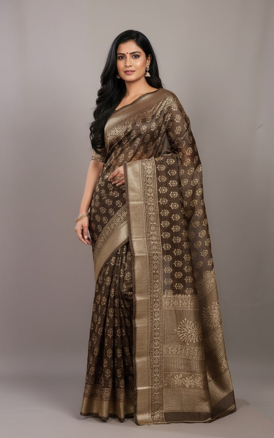 Sutrayan Kanchana - Handwoven Dark Olive Green Tissue Silk Saree with Floral Gold Zari Jaal