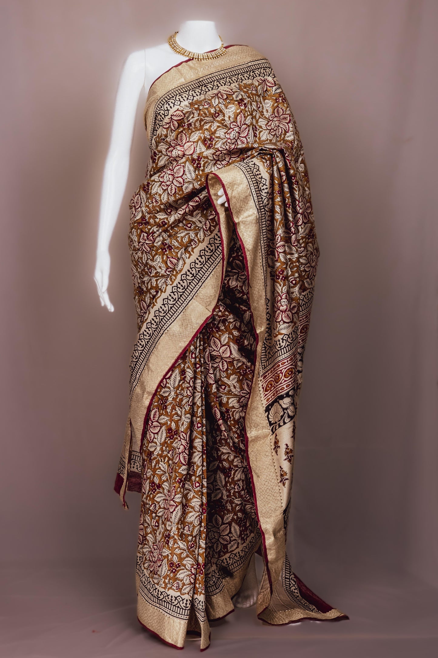 Sutrayan Kalpavriksha — Handpainted Beige & Maroon Saree with Traditional Floral Kalamkari Art