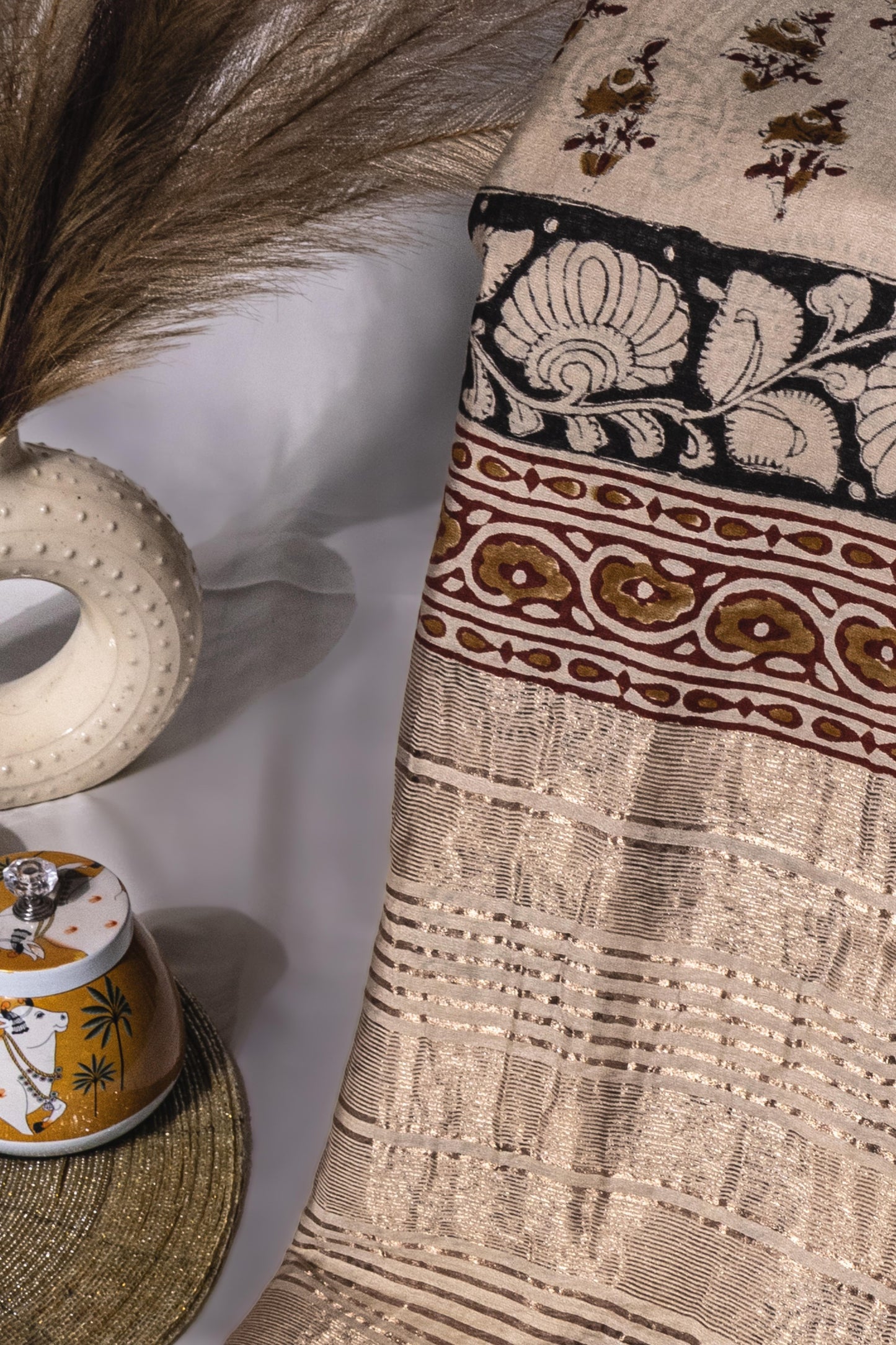 Sutrayan Kalpavriksha — Handpainted Beige & Maroon Saree with Traditional Floral Kalamkari Art