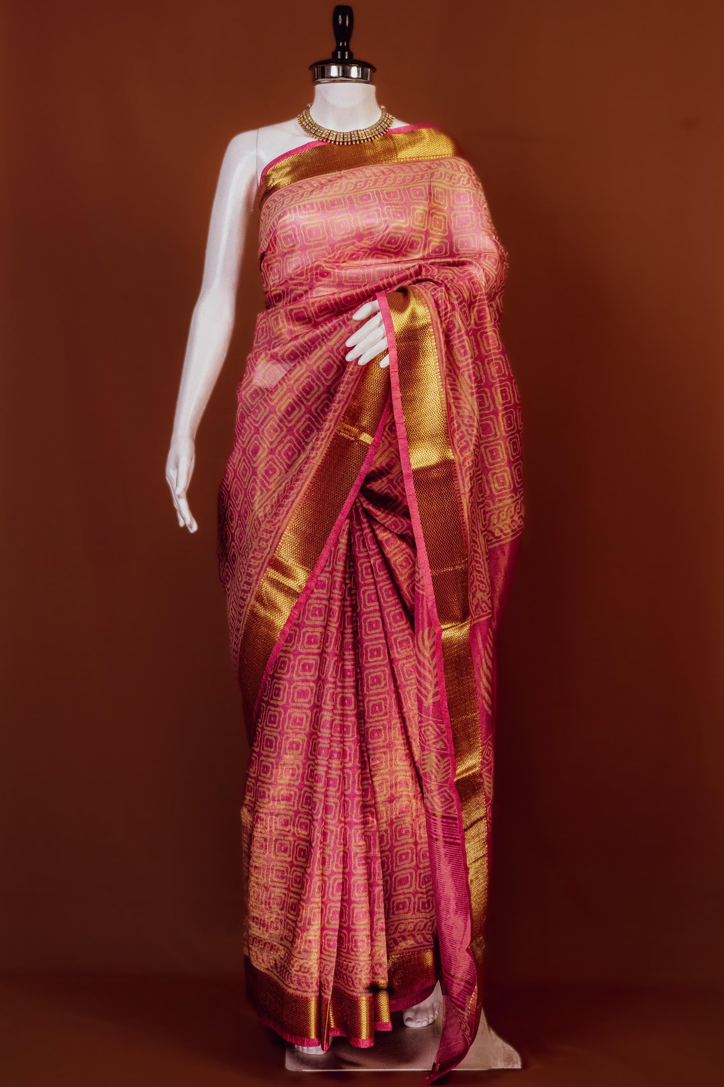 Sutrayan Glint - Handwoven Pink-Gold Silk Saree with Geometric Zari Patterns