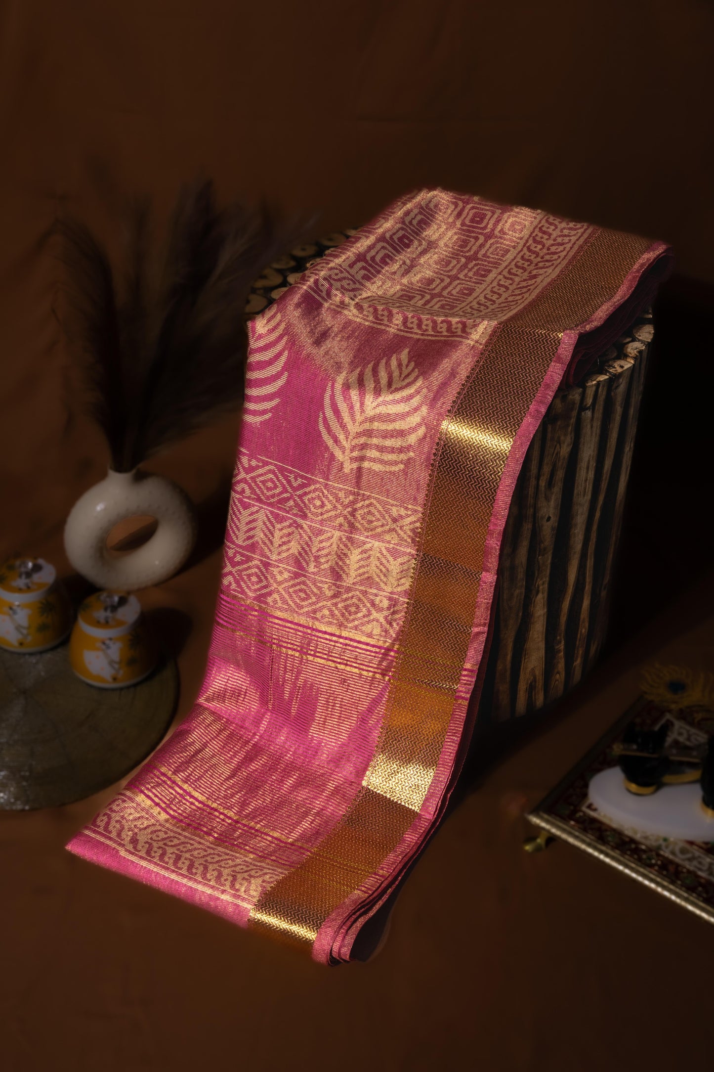 Sutrayan Glint - Handwoven Pink-Gold Silk Saree with Geometric Zari Patterns