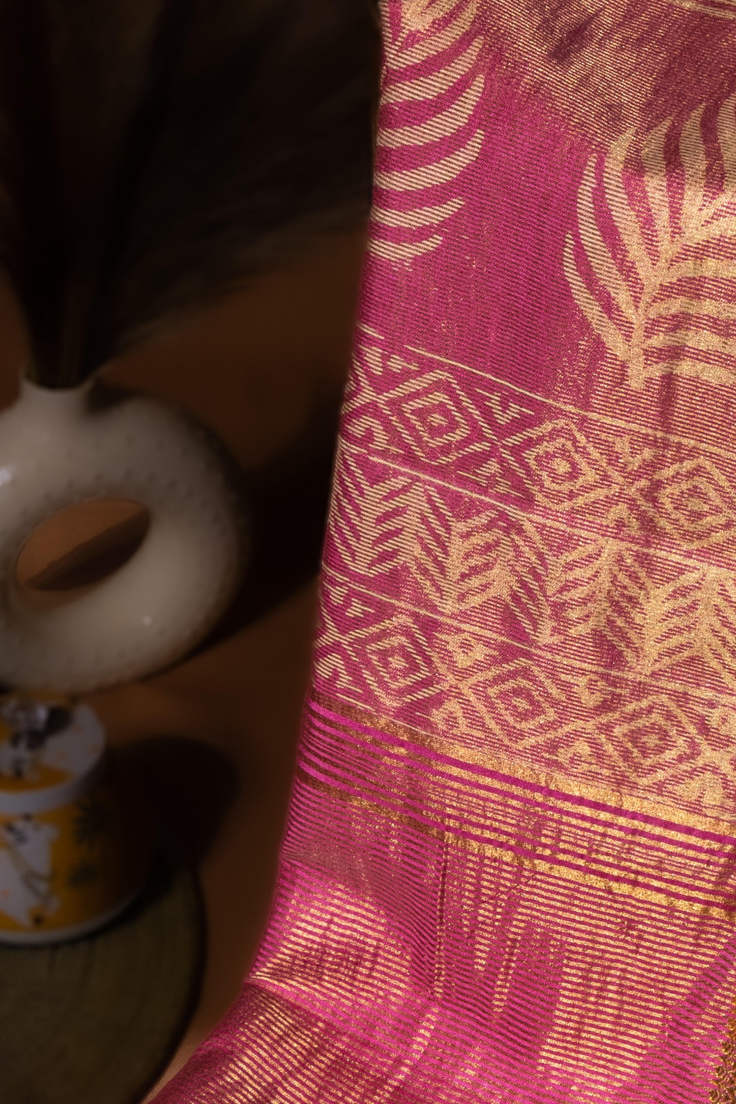Sutrayan Glint - Handwoven Pink-Gold Silk Saree with Geometric Zari Patterns