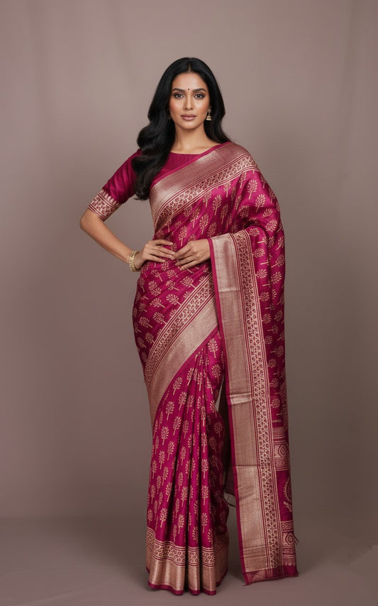 Sutrayan Gulbagh - Handwoven Wine Silk Saree with Gold Tree Motifs and Ornate Zari Border