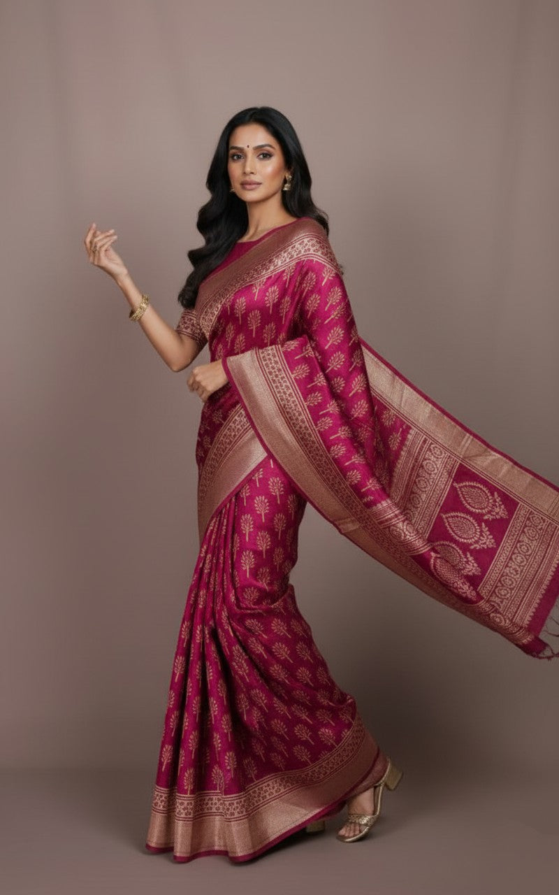 Sutrayan Gulbagh - Handwoven Wine Silk Saree with Gold Tree Motifs and Ornate Zari Border