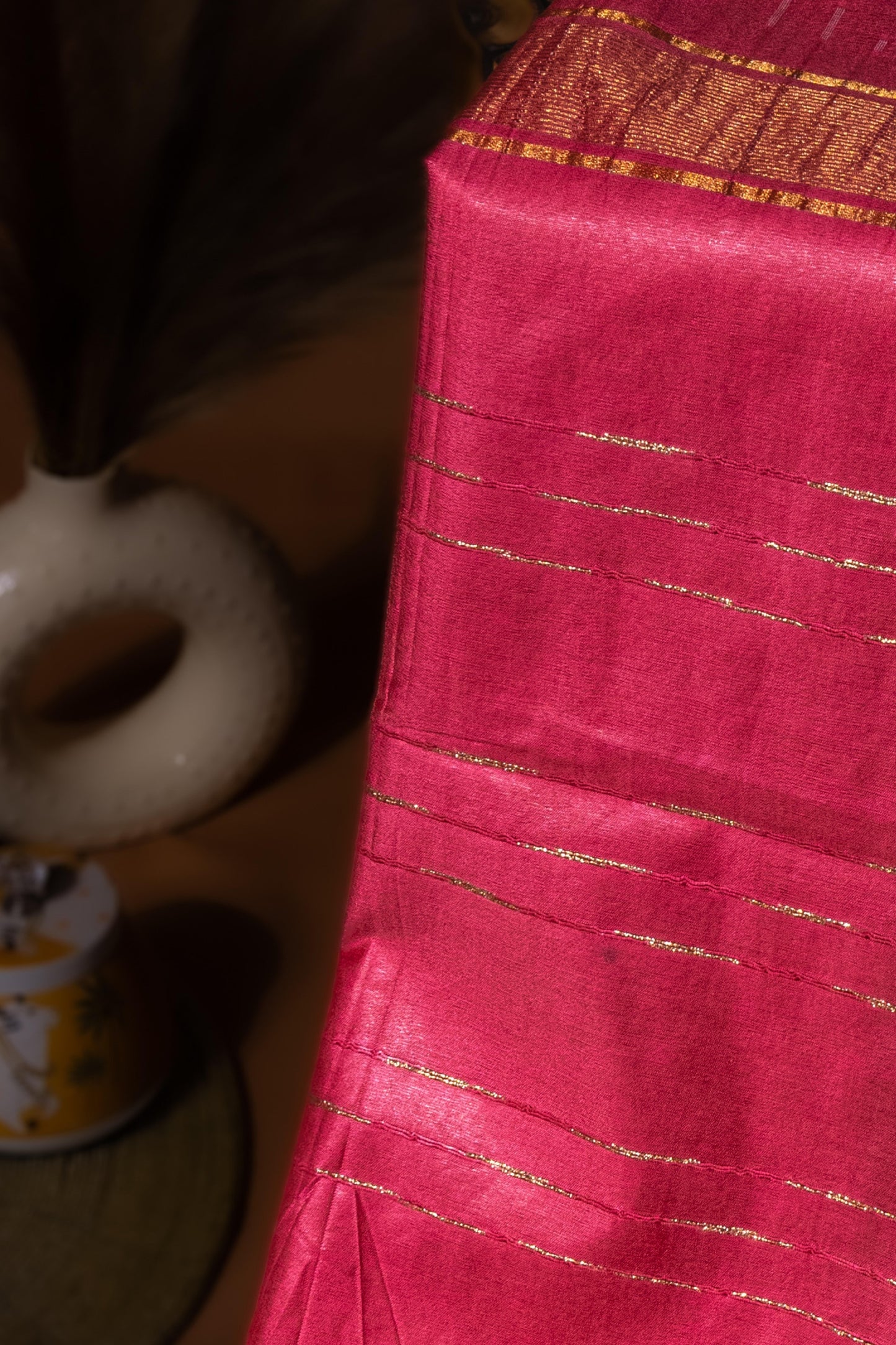 Sutrayan Blossom - Handwoven Pink Silk Saree with Golden Ikat-lnspired Zari Accents