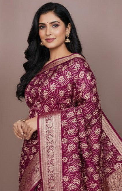Sutrayan Mohar — Handwoven Mulberry Plum Saree with All-over Cream Flora and Zari Border