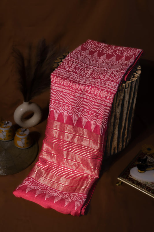 Sutrayan Heritage - Handwoven Pink Silk Saree with Intricate White Motif Weave and Gold Zari Border