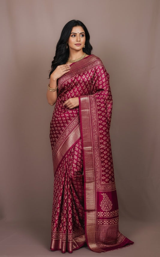 Sutrayan Aranya — Deep Crimson Silk Saree with Tiny Floral Booti and Woven Gold Border