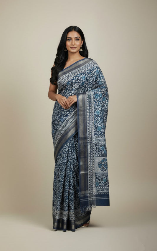 Sutrayan Neelpatra — Handloom Indigo Blue Saree with White Block Print and Silver Zari Border