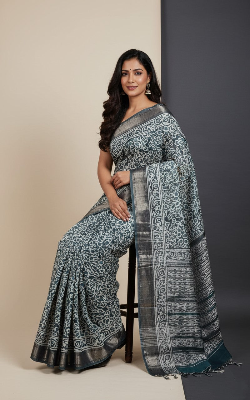 Sutrayan Chandan Noir — Indigo Blue & Ivory Handloom Chanderi Silk Saree with Silver Zari Detailing