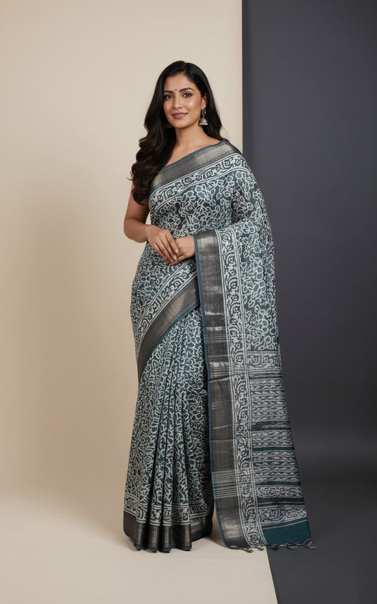 Sutrayan Chandan Noir — Indigo Blue & Ivory Handloom Chanderi Silk Saree with Silver Zari Detailing