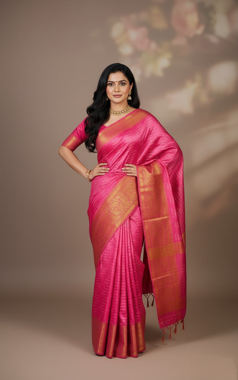 Sutrayan Blossom - Handwoven Pink Silk Saree with Golden Ikat-lnspired Zari Accents