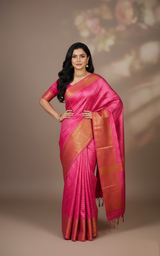 Sutrayan Blossom - Handwoven Pink Silk Saree with Golden Ikat-lnspired Zari Accents