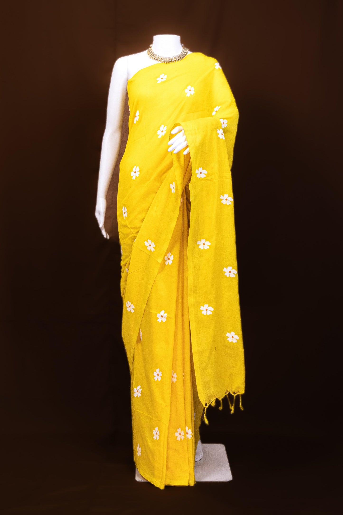 Gulbahar — Sunshine Yellow Cotton Saree with White Daisy Embroidery