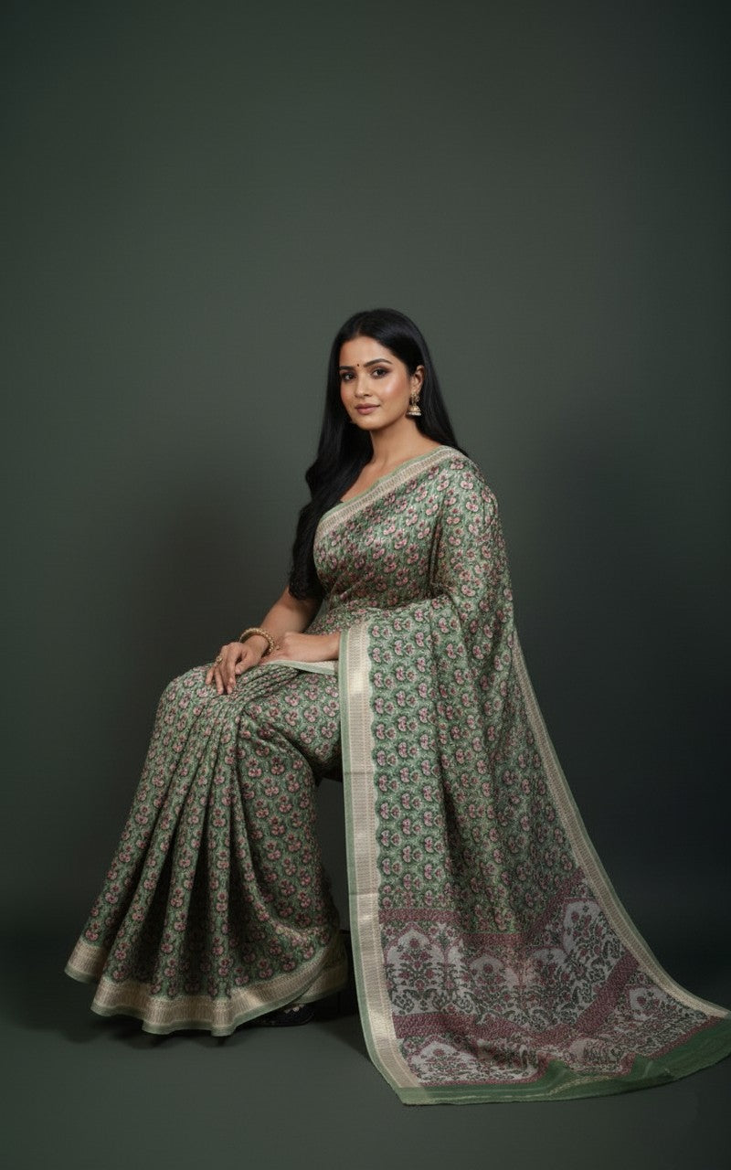 Sutrayan Eden Bloom — Olive Green Handwoven Pure Muslin Maheshwari Silk Saree with Floral Block Print & Cream Zari