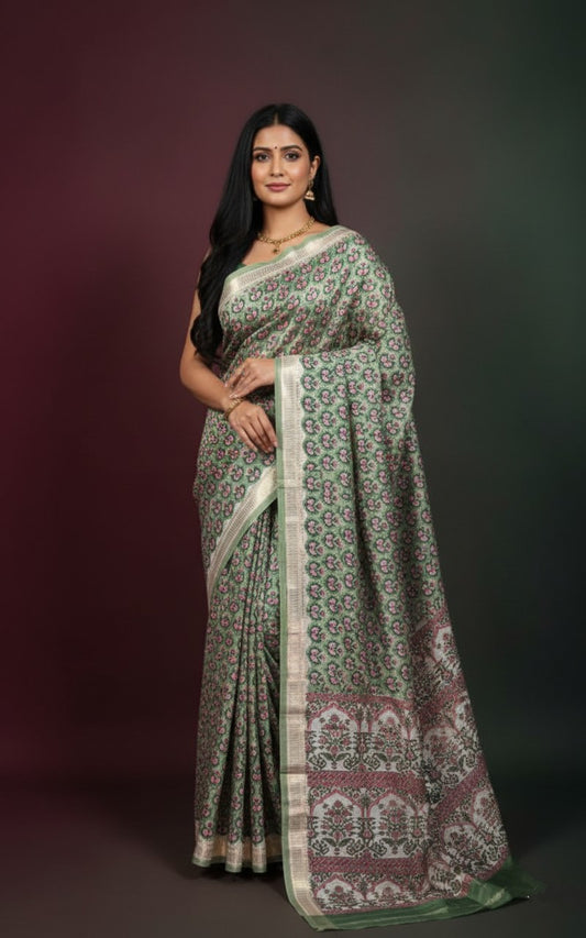 Sutrayan Eden Bloom — Olive Green Handwoven Pure Muslin Maheshwari Silk Saree with Floral Block Print & Cream Zari