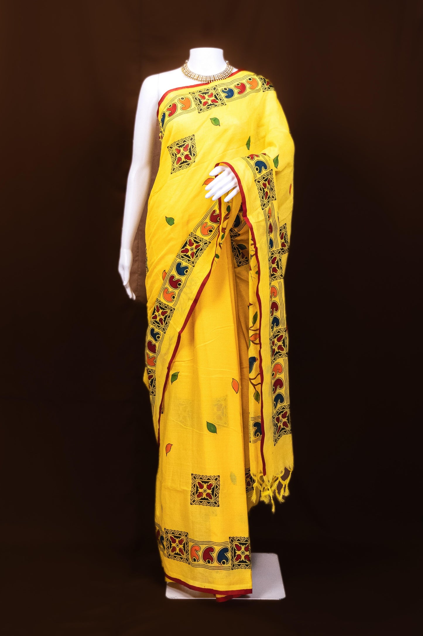 Phoolwari Charm — Yellow Hand-Painted Cotton Saree with Kalamkari Motifs