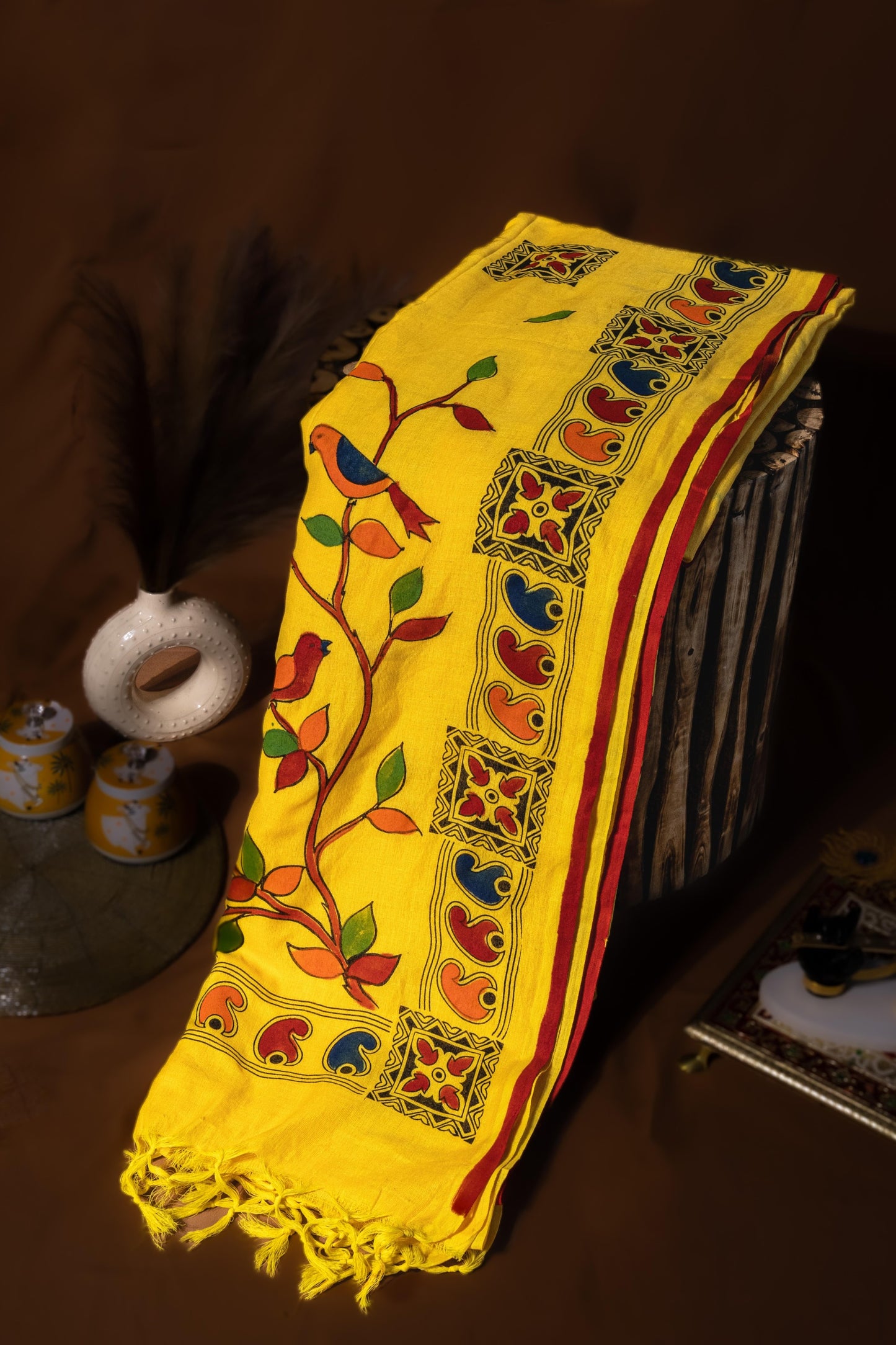Phoolwari Charm — Yellow Hand-Painted Cotton Saree with Kalamkari Motifs