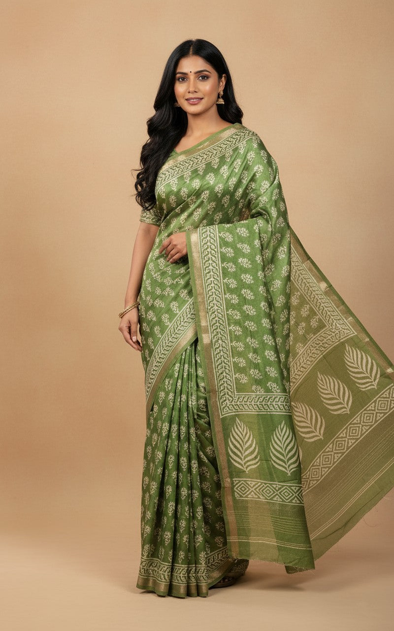 Sutrayan Neem Grace - Olive Green Mulberry Muslin Silk Saree with Floral Buta Work