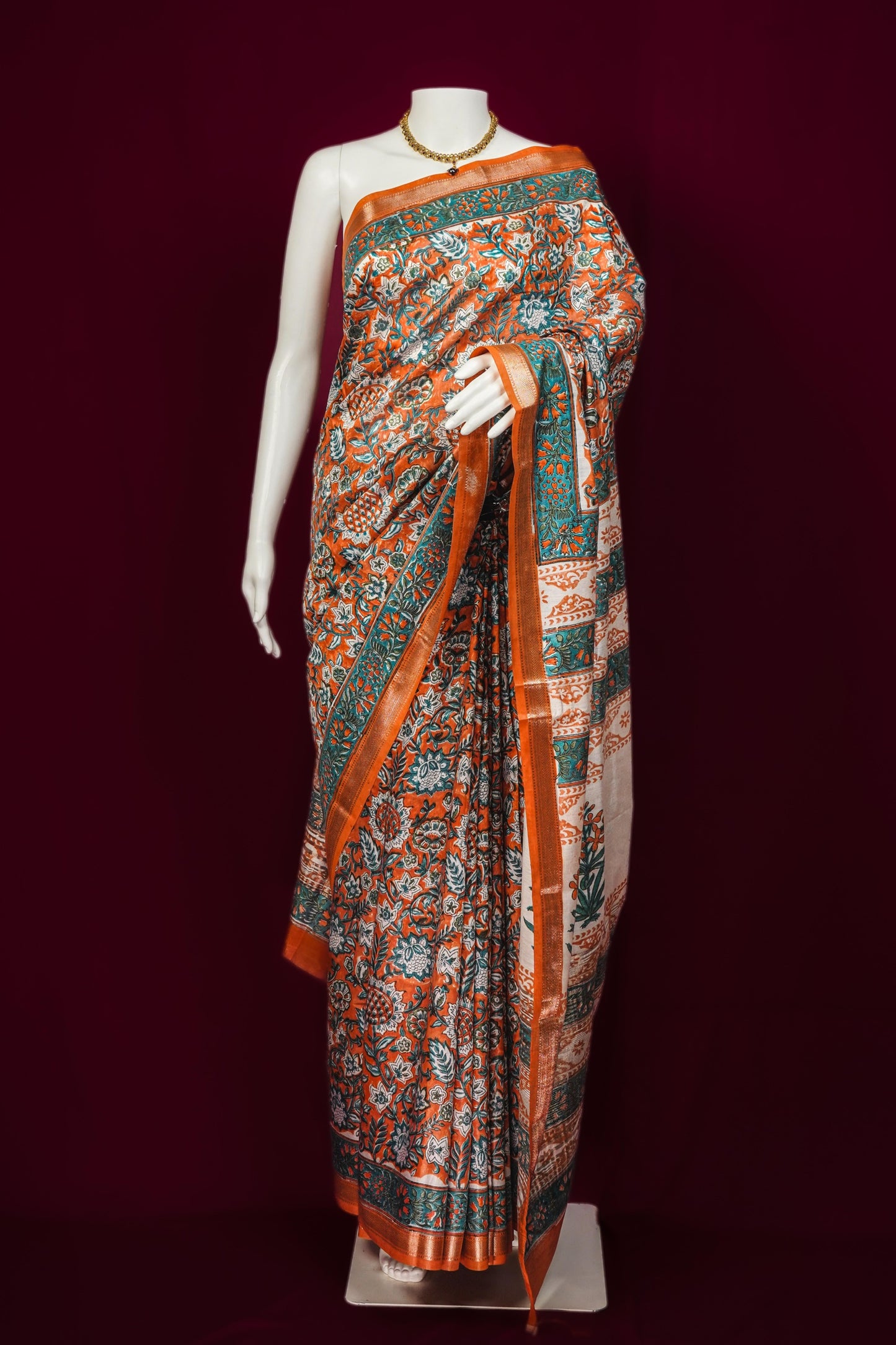 Sutrayan Pattachitra Royale - Pure Muslin Maheswari Silk Saree with HandBlock Print