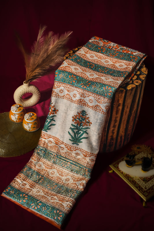 Sutrayan Pattachitra Royale - Pure Muslin Maheswari Silk Saree with HandBlock Print