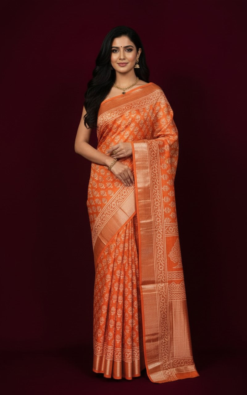 Sutrayan Kesar Bloom — Burnt Orange Maslin Silk Saree with Zari Tree Motif Pallu