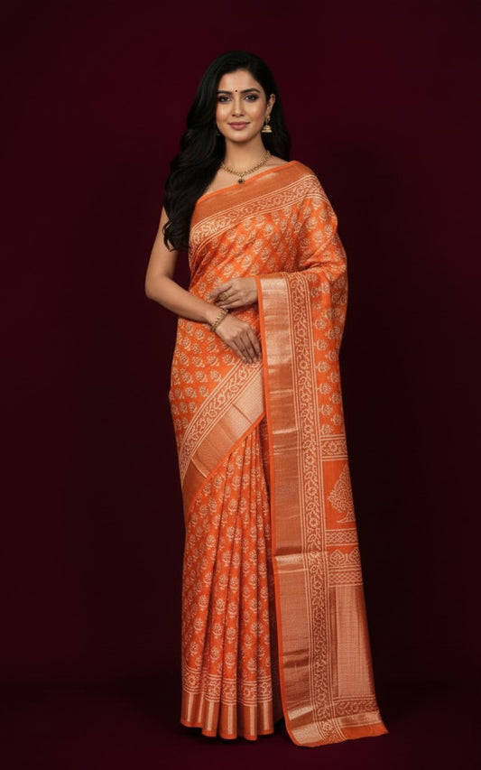 Sutrayan Kesar Bloom — Burnt Orange Maslin Silk Saree with Zari Tree Motif Pallu
