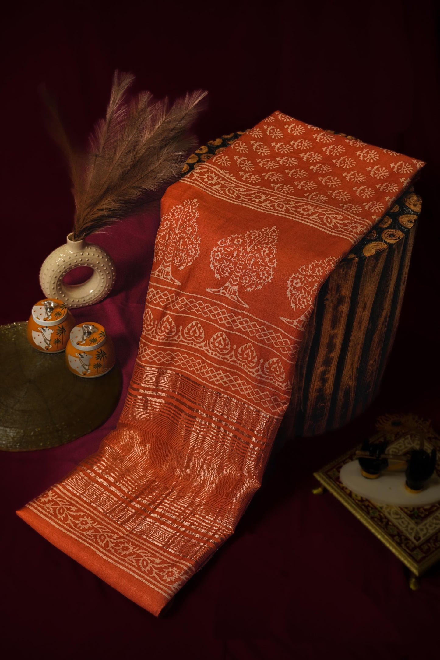 Sutrayan Kesar Bloom — Burnt Orange Maslin Silk Saree with Zari Tree Motif Pallu