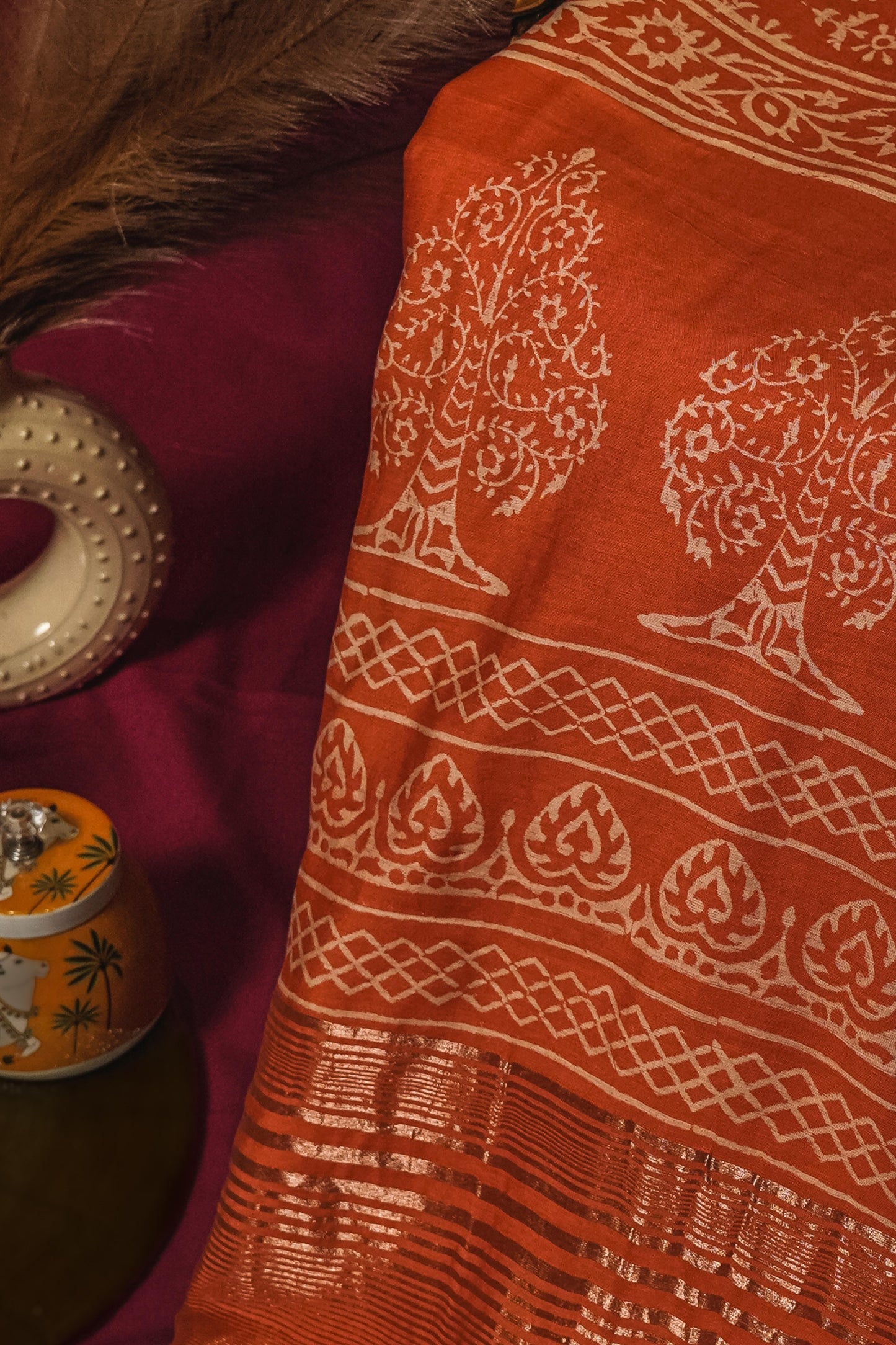 Sutrayan Kesar Bloom — Burnt Orange Maslin Silk Saree with Zari Tree Motif Pallu