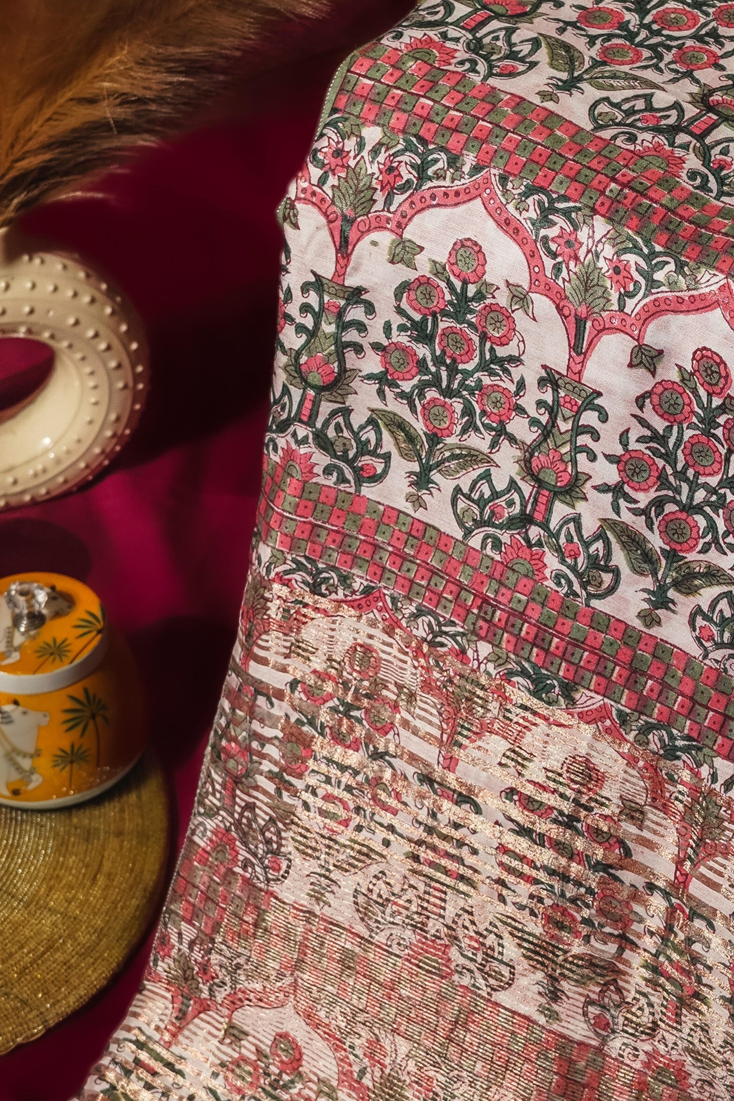 Sutrayan Eden Bloom — Olive Green Handwoven Pure Muslin Maheshwari Silk Saree with Floral Block Print & Cream Zari