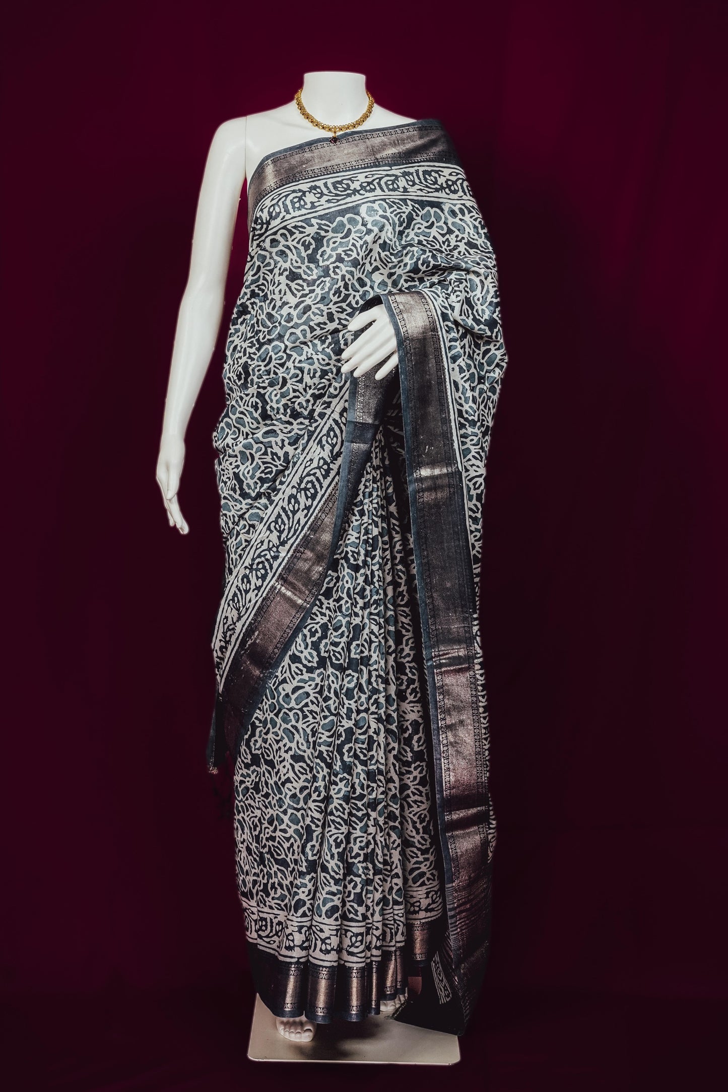 Sutrayan Chandan Noir — Indigo Blue & Ivory Handloom Chanderi Silk Saree with Silver Zari Detailing