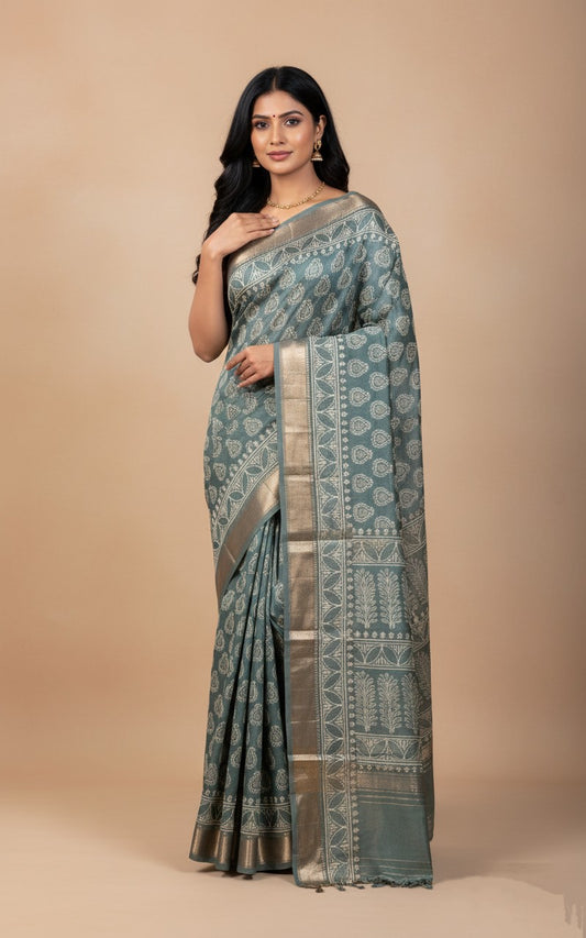 Sutrayan Misty Teal - Muslin Silk Saree with Paisley and Temple Border