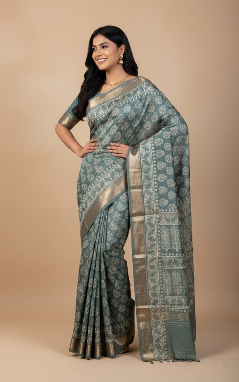 Sutrayan Misty Teal - Muslin Silk Saree with Paisley and Temple Border