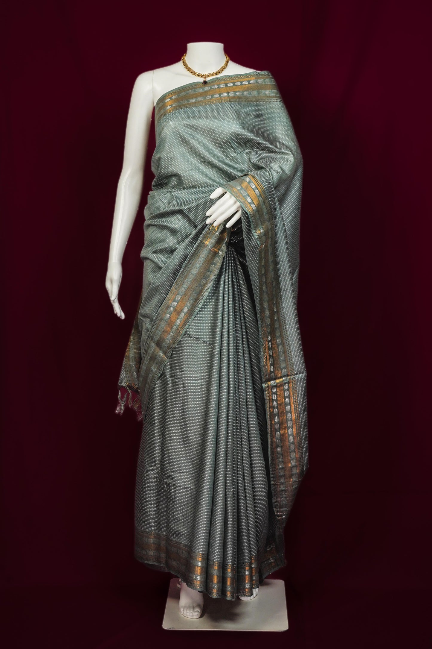 Sutrayan Silver Sage - Steel Grey Kora Silk Saree with Hand Kantha Stitch