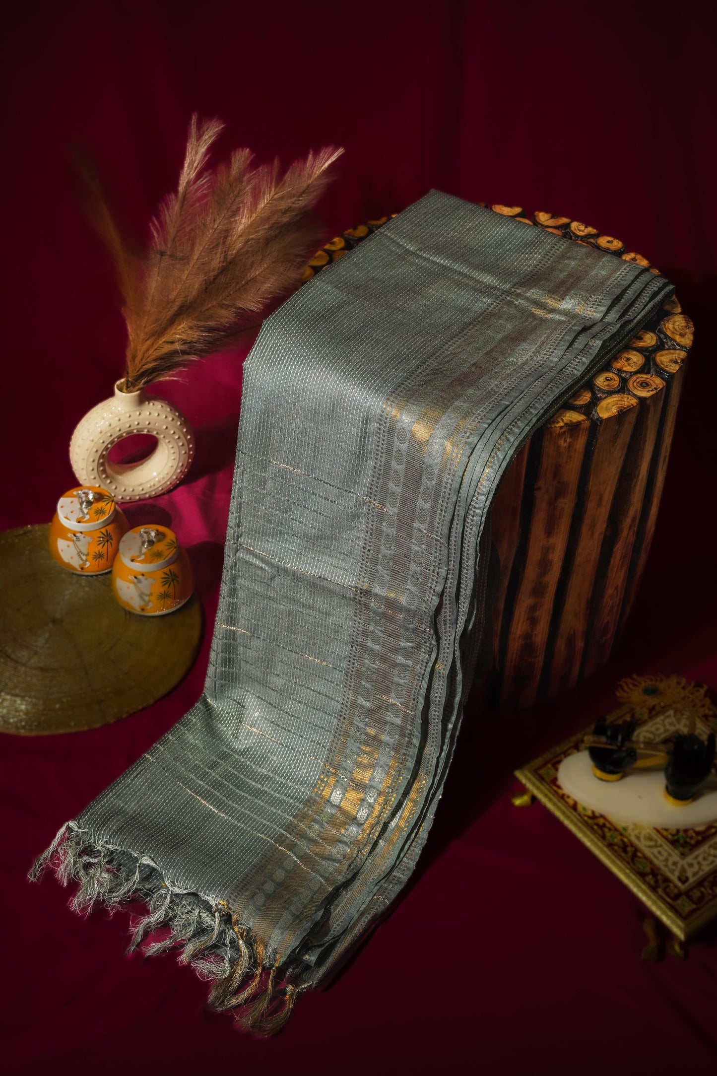 Sutrayan Silver Sage - Steel Grey Kora Silk Saree with Hand Kantha Stitch