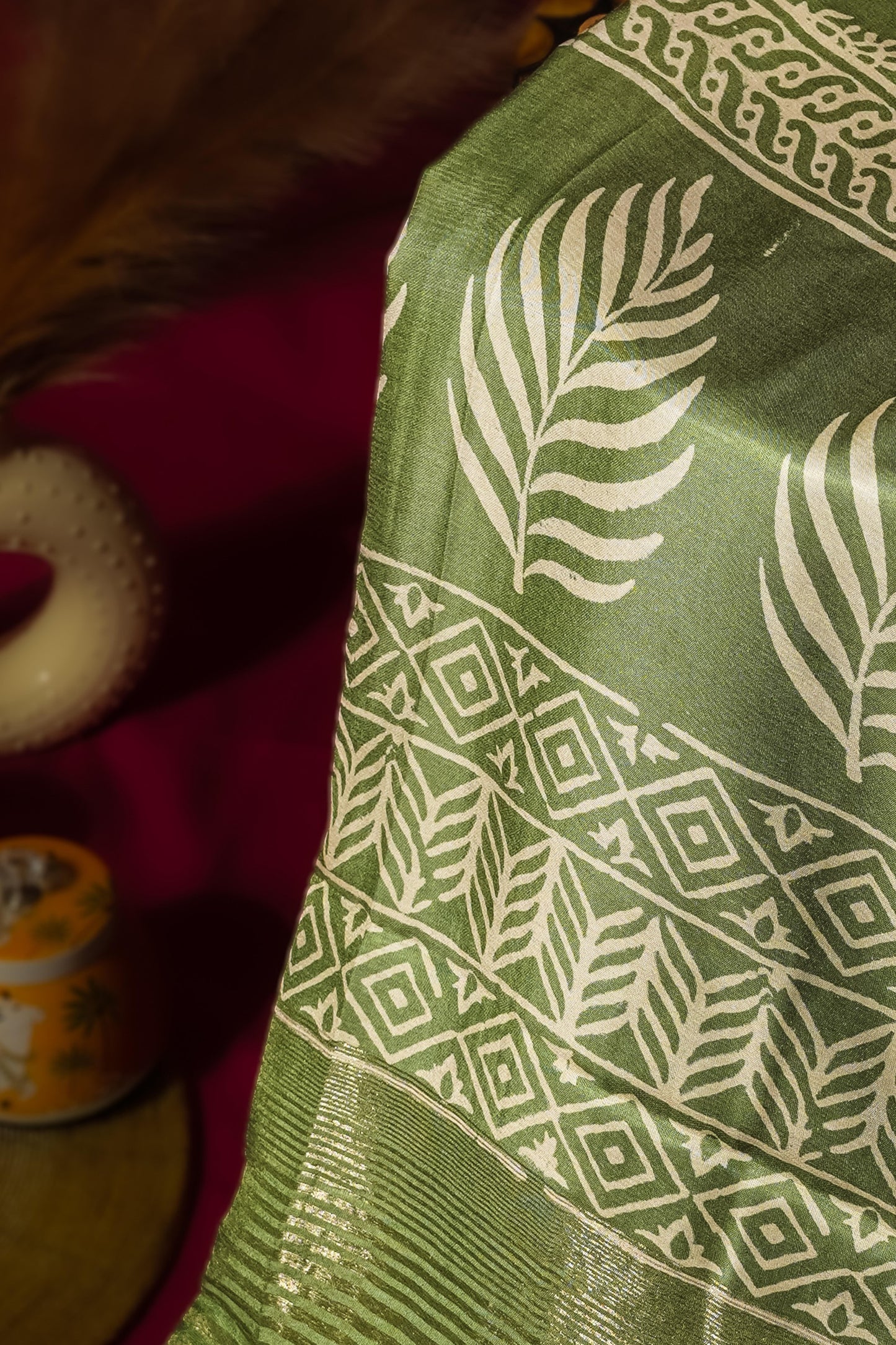 Sutrayan Neem Grace - Olive Green Mulberry Muslin Silk Saree with Floral Buta Work