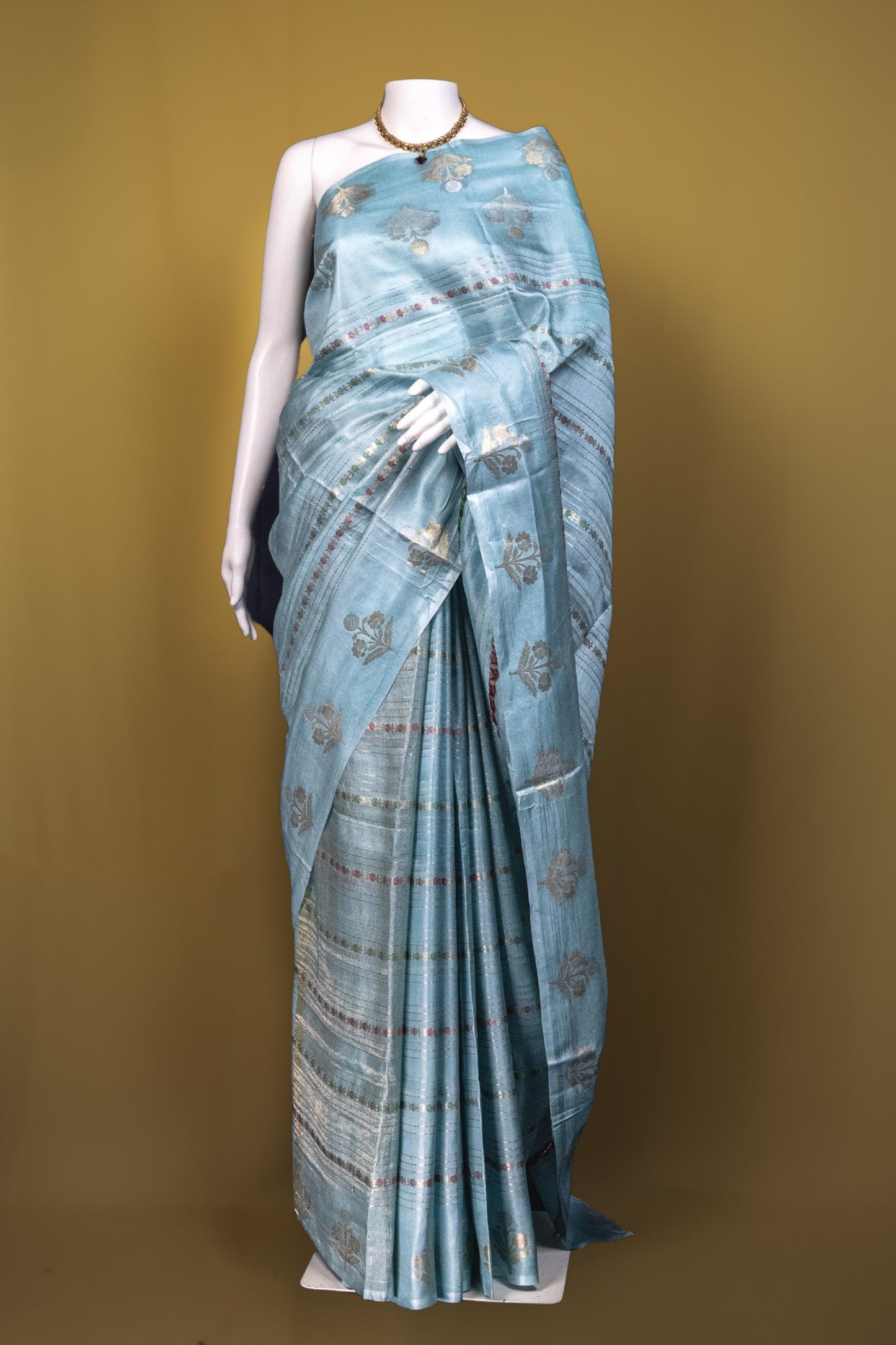 Sutrayan Ice Blue Sheen — Soft Russian Silk Saree with Subtle Zari Accents