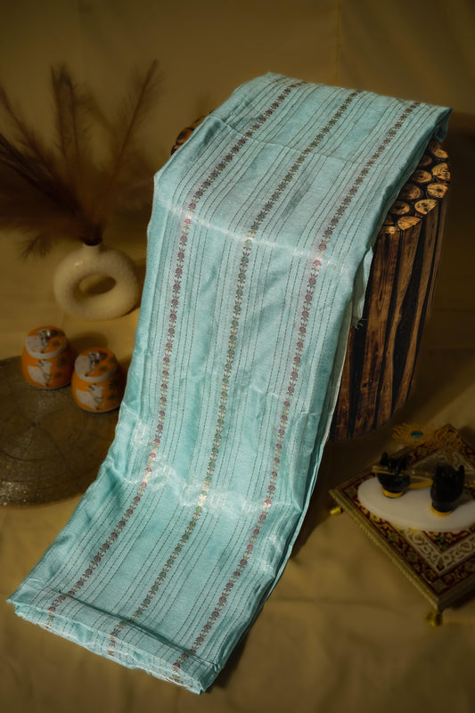 Sutrayan Ice Blue Sheen — Soft Russian Silk Saree with Subtle Zari Accents