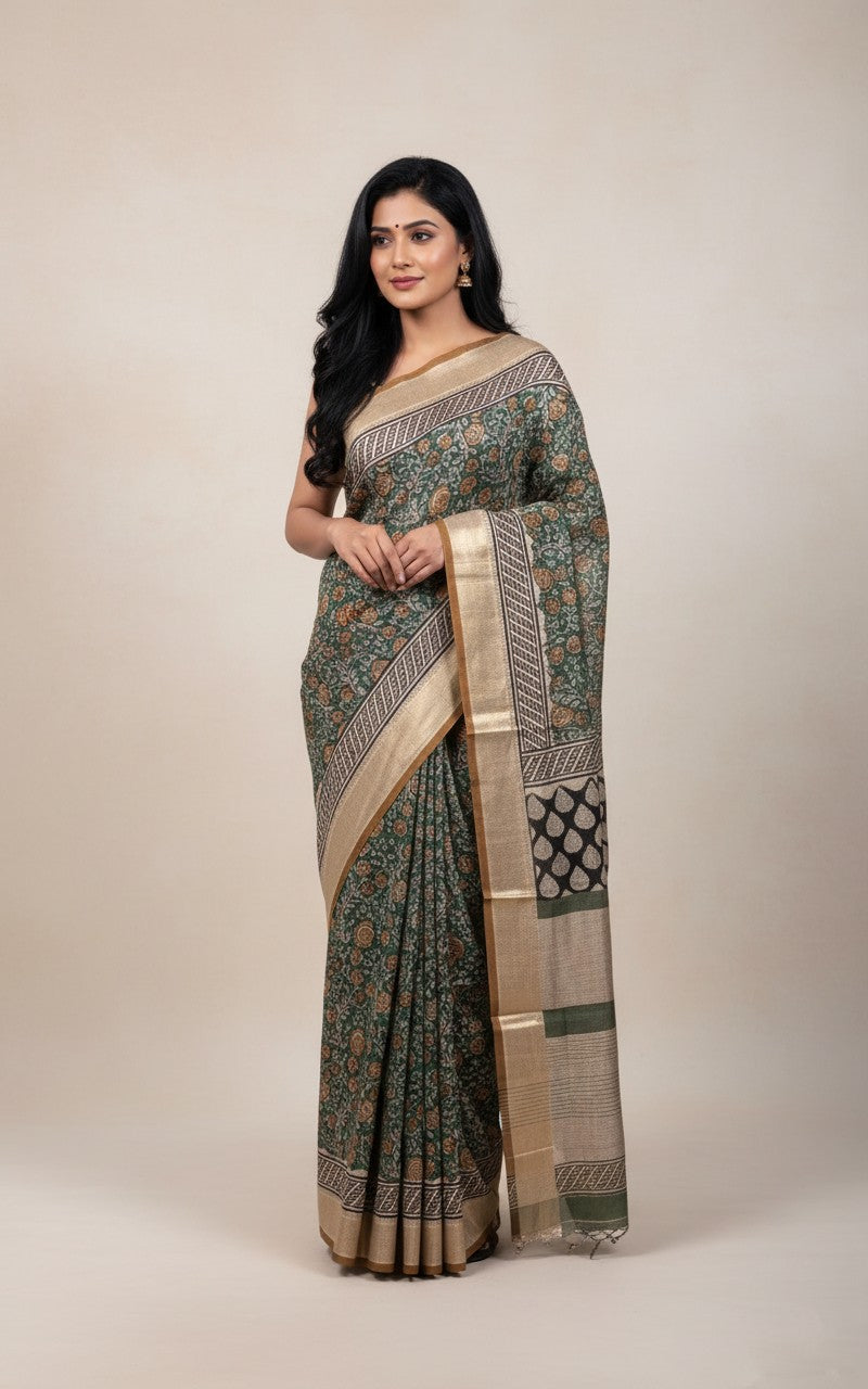 Vana Varnika - Bottle Green Maheshwari Silk Saree