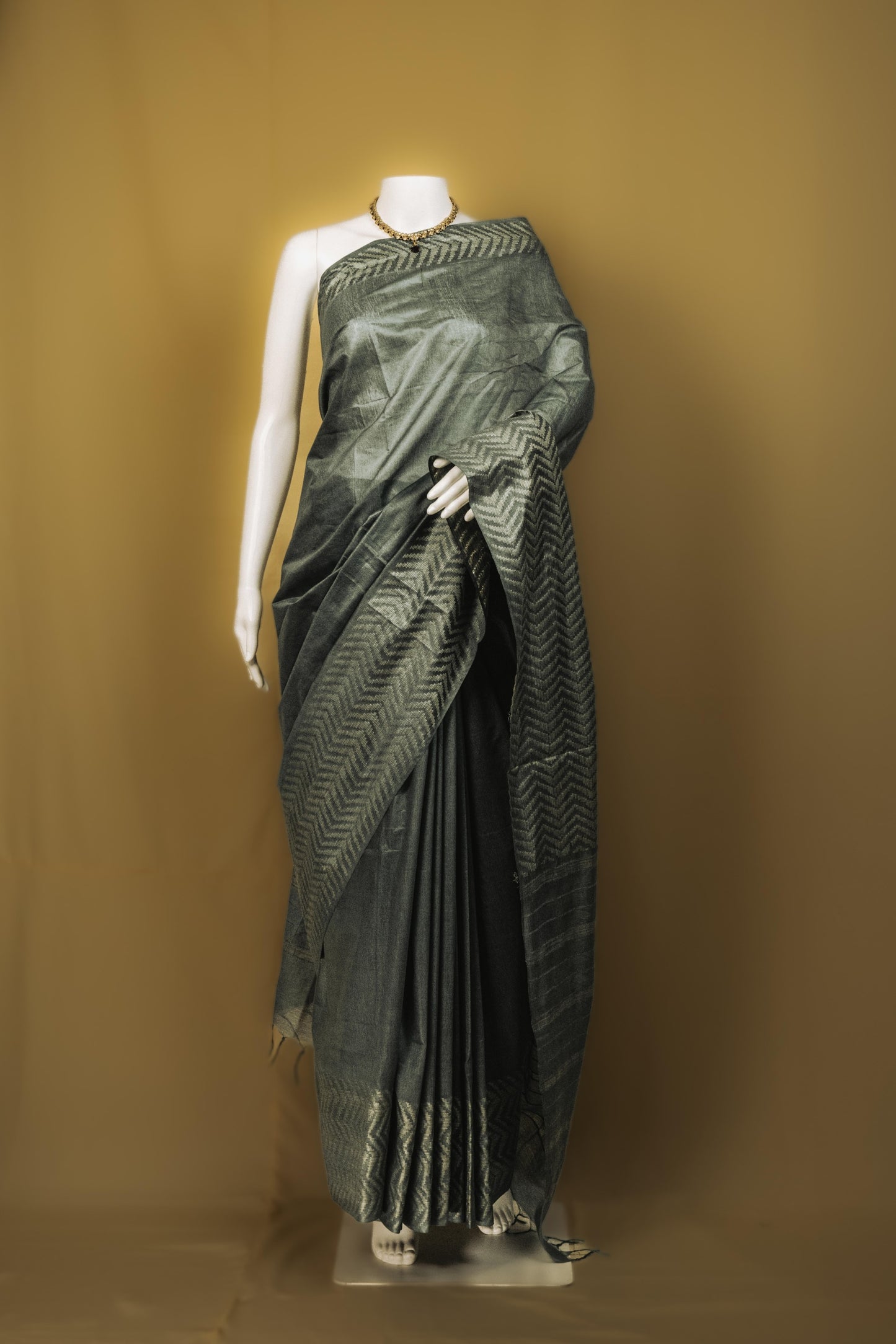 Sutrayan Teal Blue Mirage - Matte Chanderi Silk Saree with Chevron Border