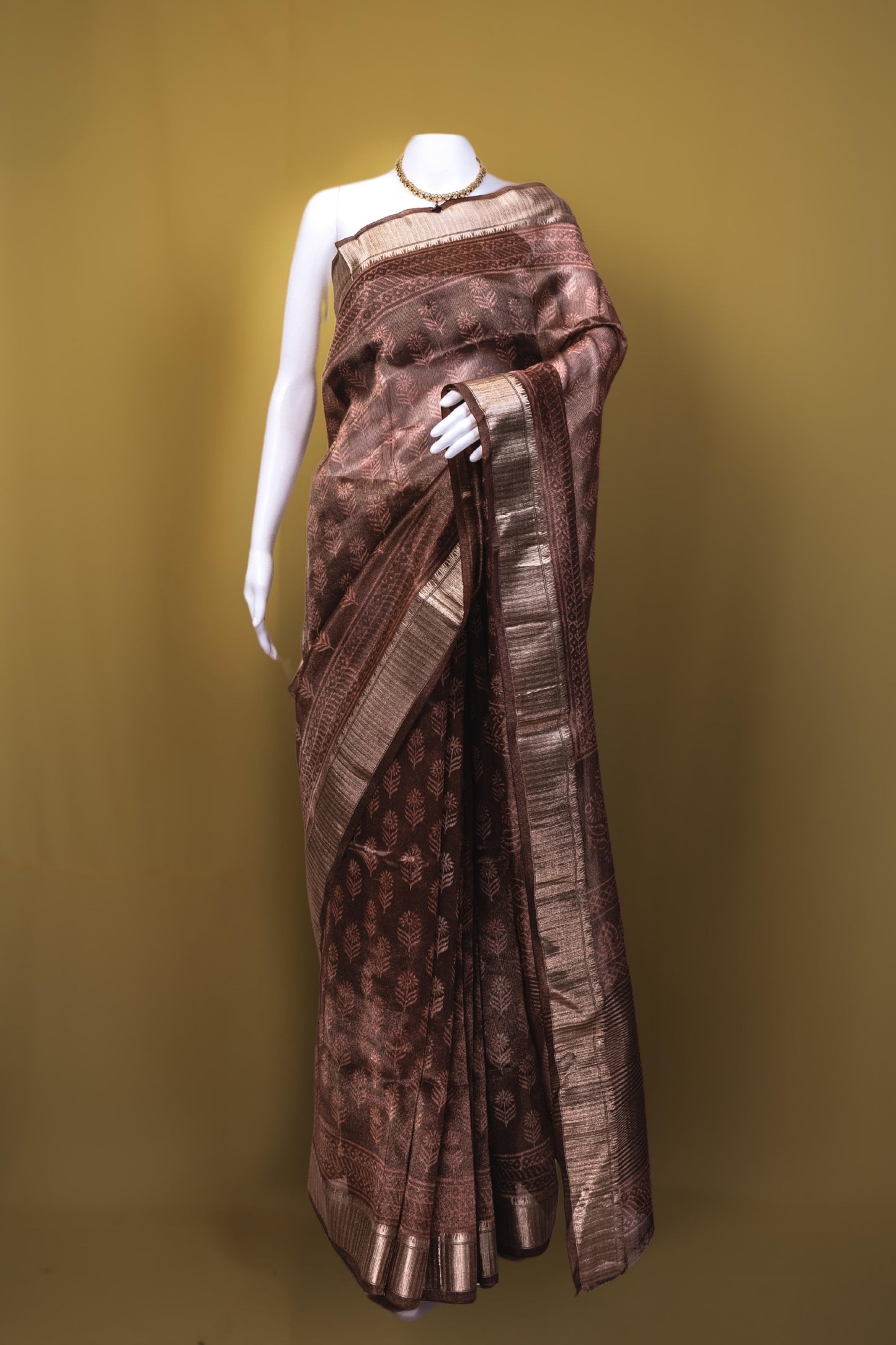 Mocha Gold Elegance — Handwoven Silk Saree with Zari Detailing