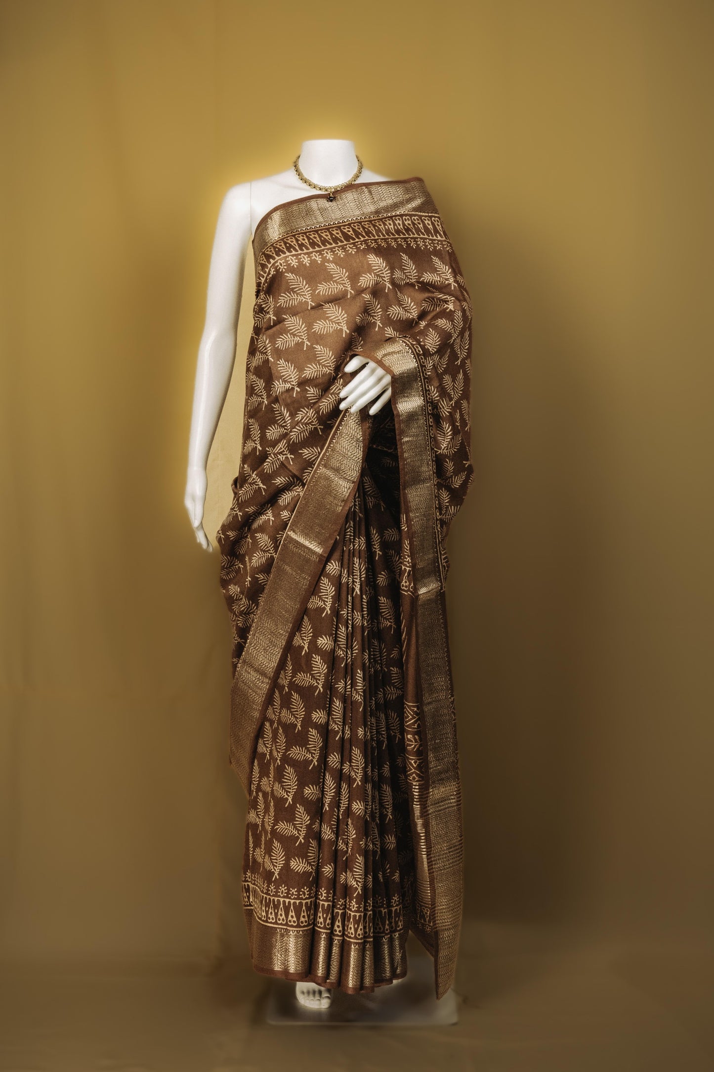 Sutrayan Cocoa Gold — Heritage Soft Silk Saree with Zari Palm Motifs