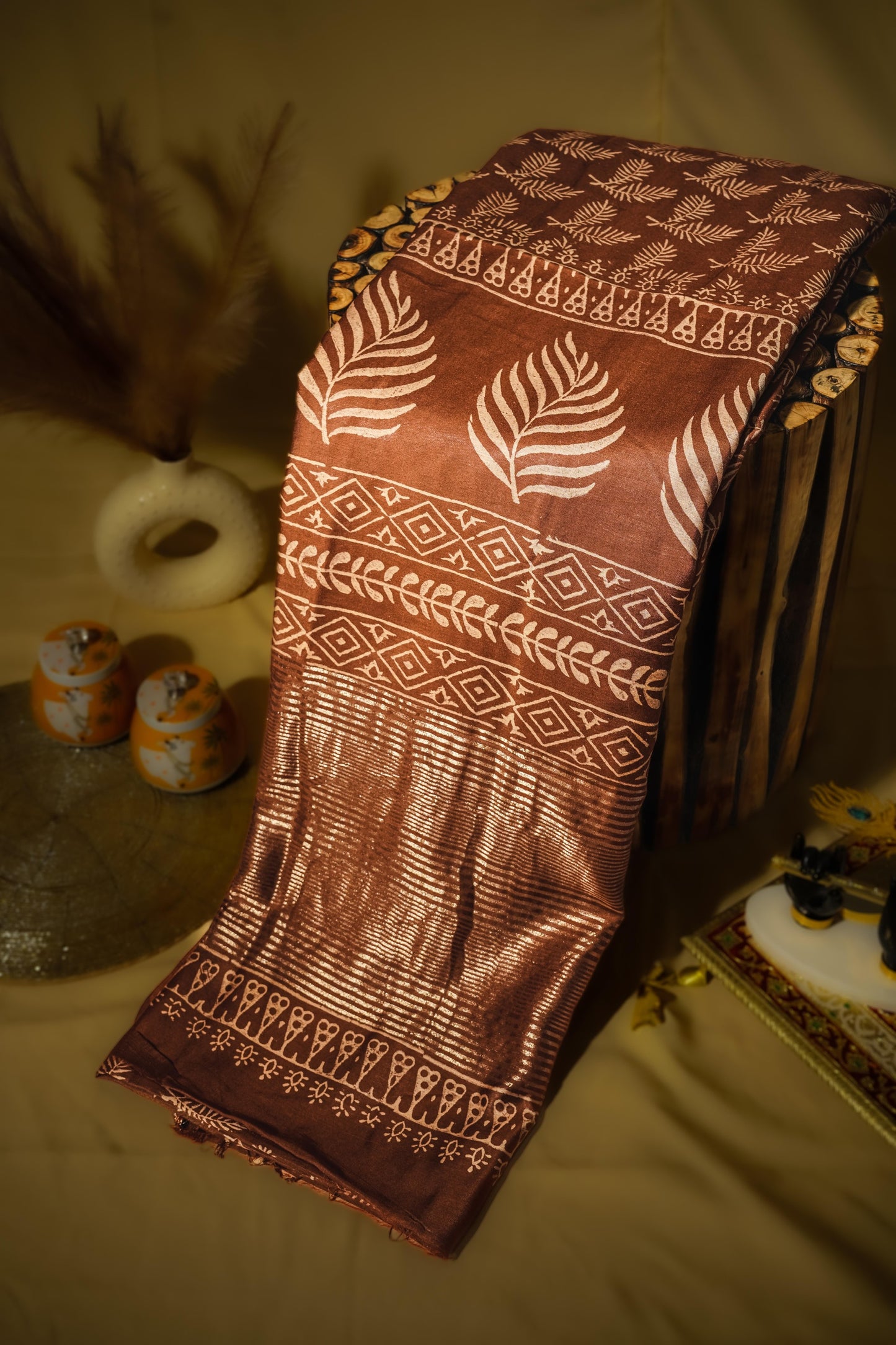 Sutrayan Cocoa Gold — Heritage Soft Silk Saree with Zari Palm Motifs